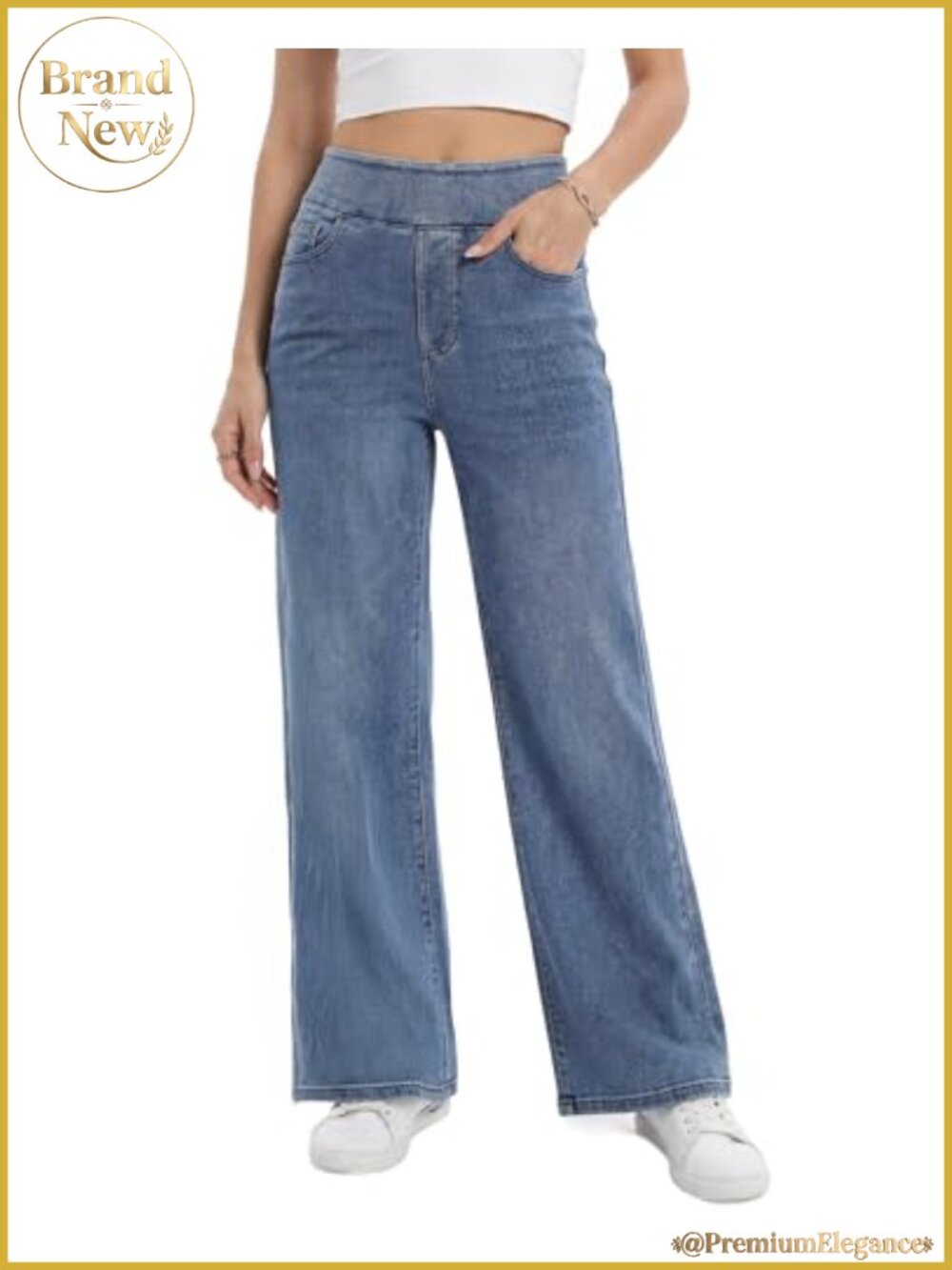High Rise Wide Leg Pull On Jeans Stretchy Denim Elastic Waist Tummy Control
